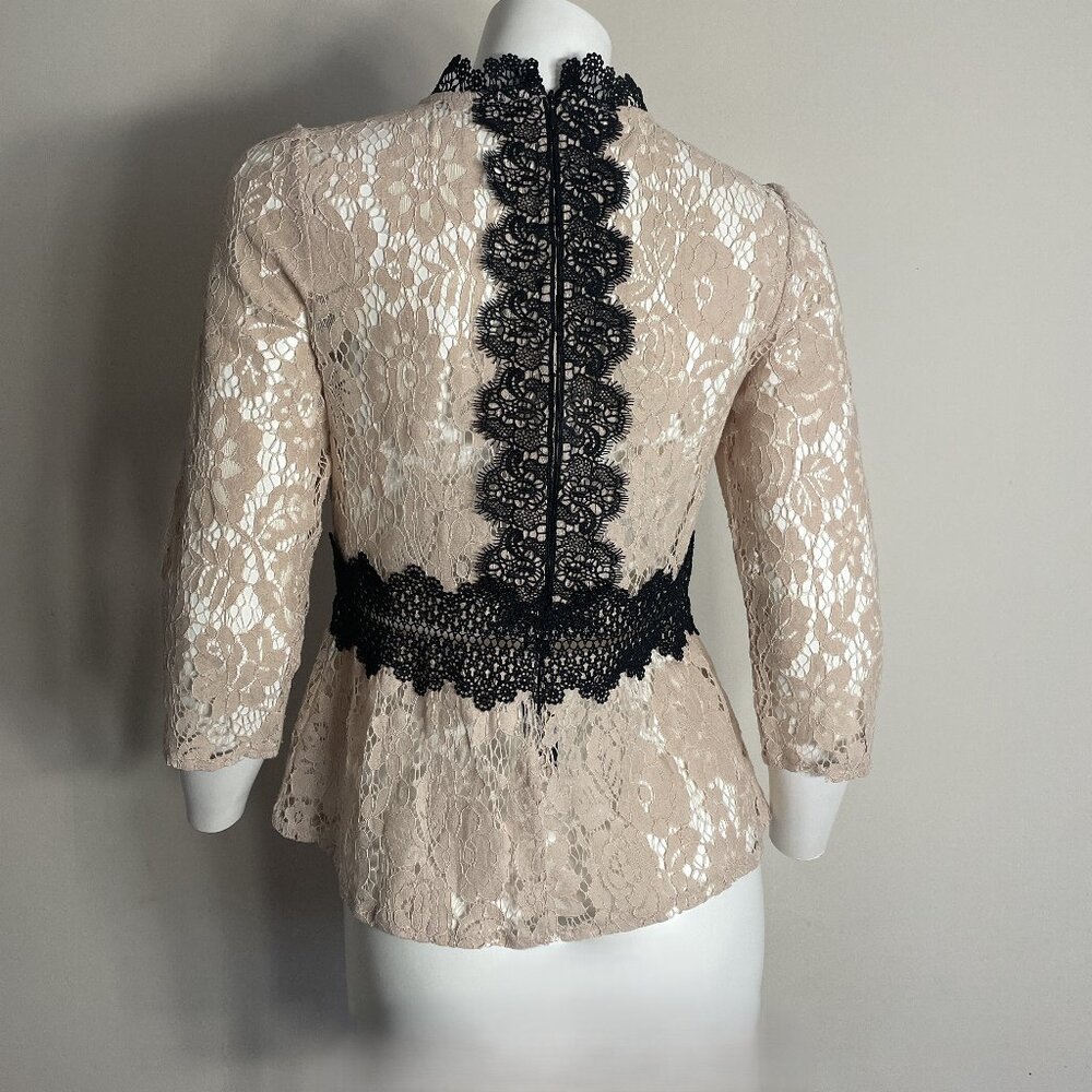 ZARA Lace Sheer Top XS Beige Black Floral High Neck Victorian Romantic Boho Lacy - Picture 5 of 15